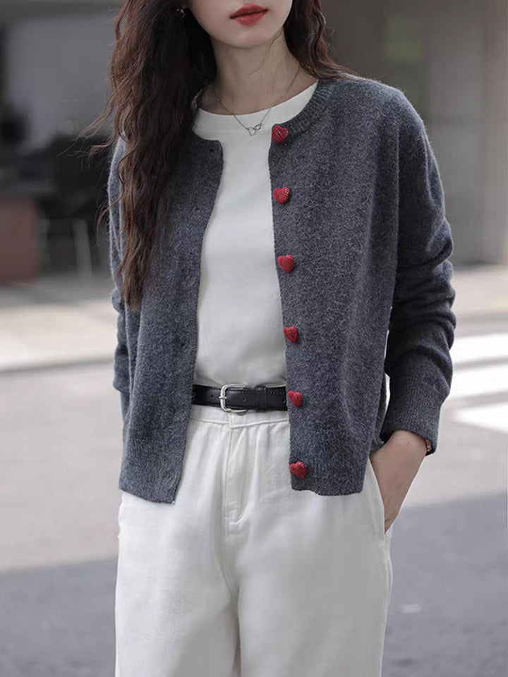 Raya Elegant Crew Neck Heart Button Knitted Cardigan-Pink