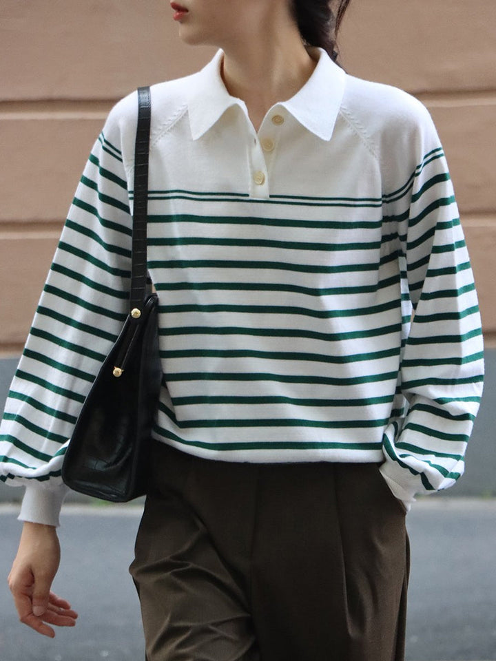 Edana Retro Polo Casual Striped Knit Sweater