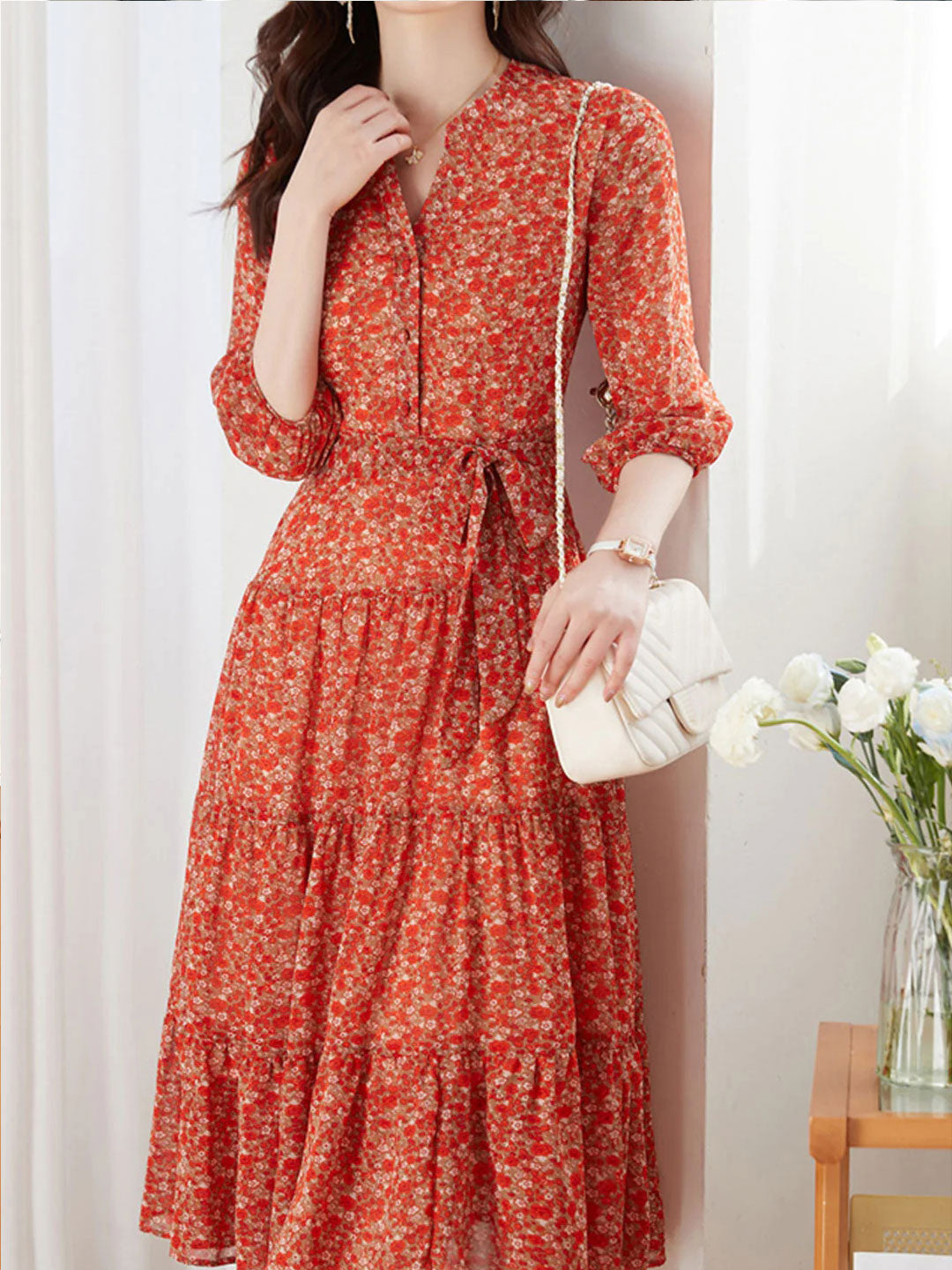 Alexis Vintage Ruffle Floral Chiffon Maxi Dress