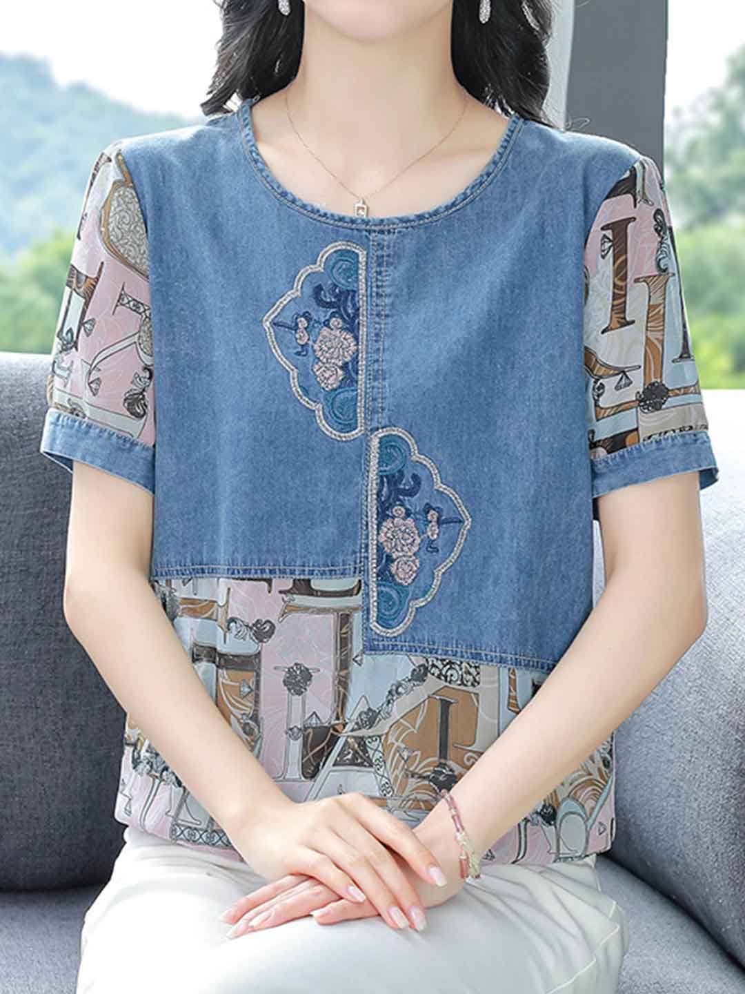 Olivia Loose Crew Neck Embroidered Denim Top