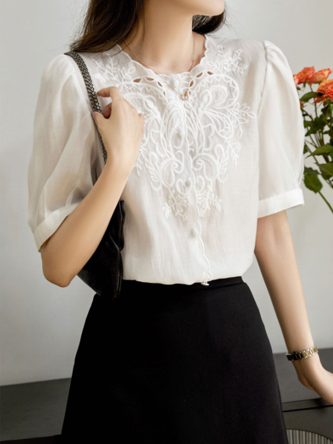 Jocelyn Elegant Embroidered Lantern Sleeve Shirt-Khaki