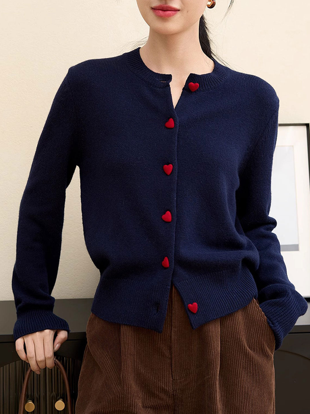 Raya Elegant Crew Neck Heart Button Knitted Cardigan-Pink