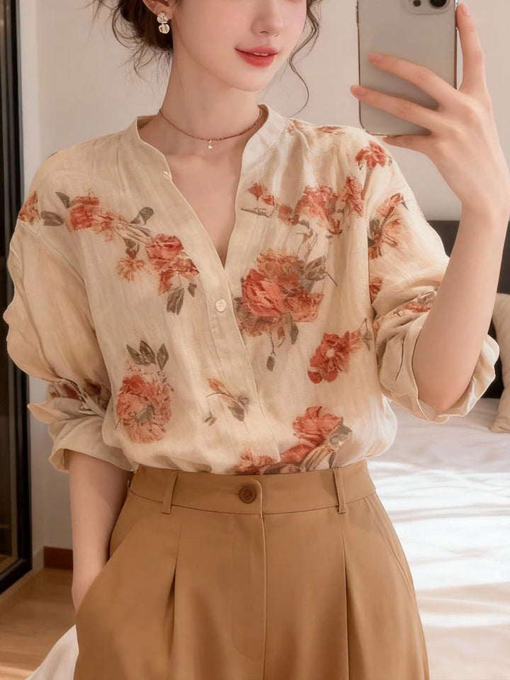 Mia Chic V-Neck Floral Printed Blouse