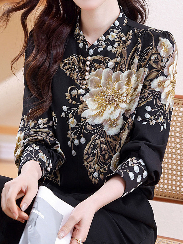 Kaylee Loose V-Neck Puff Sleeve Printed Chiffon Blouse