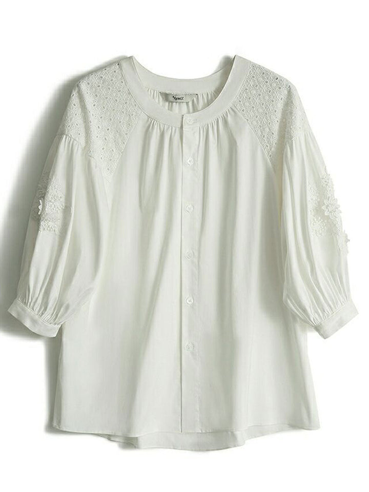 Zoey Classic Crew Neck Lantern Sleeve Embroidered Top