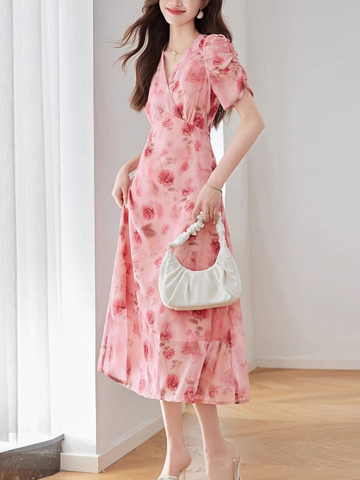 Kaitlyn Elegant V-Neck Printed Tie Dress