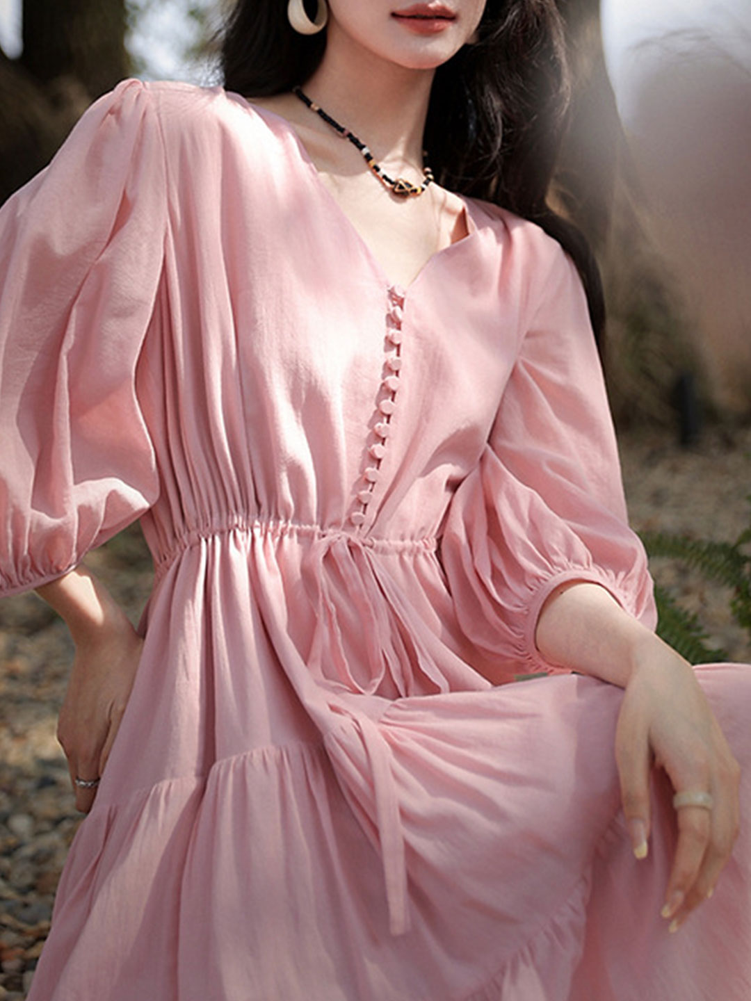 Olivia Retro V-neck Solid Color Dress