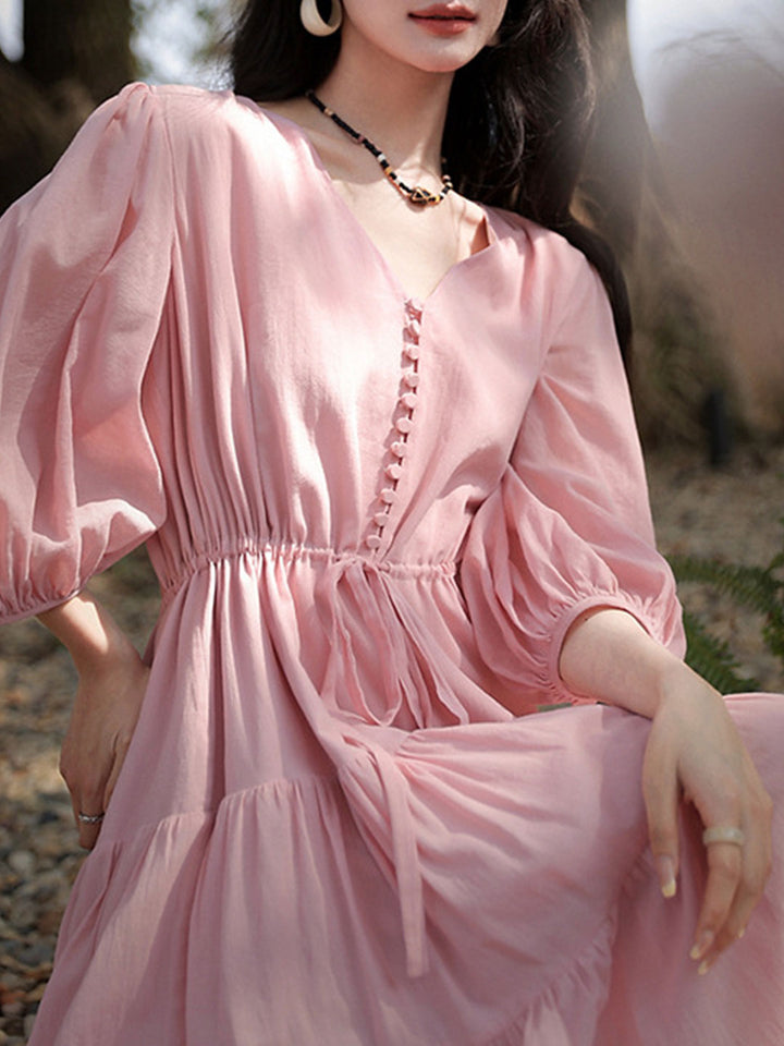 Olivia Retro V-neck Solid Color Dress