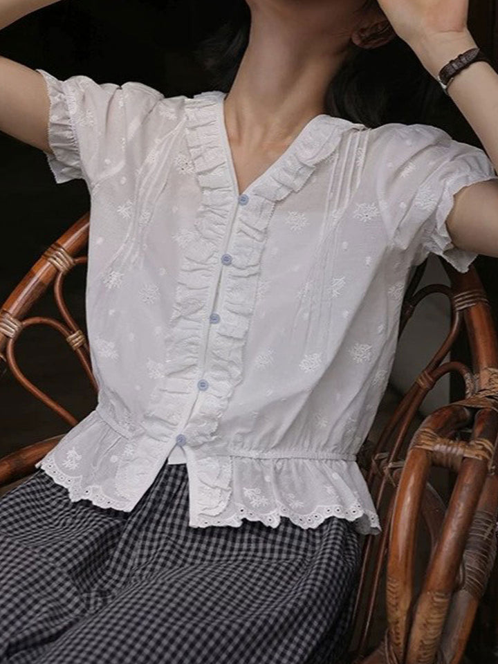 Molly Retro V-Neck Embroidered Blouse