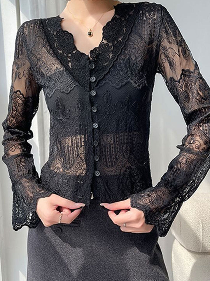 Hannah Slim V-Neck Hollowed Lace Top