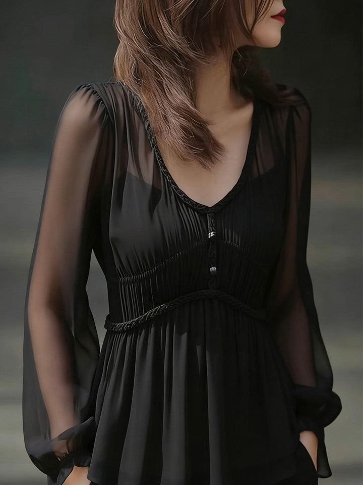 Sophia Daily V-Neck Puff Sleeve Chiffon Top