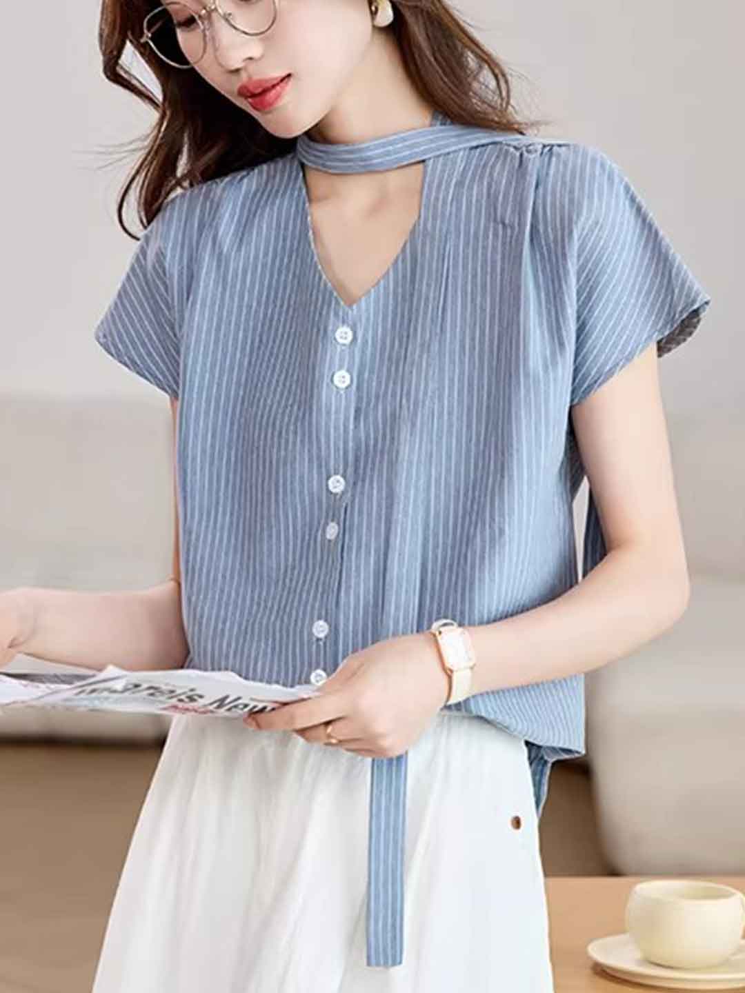 Brianna Daily V-Neck Ribbon Shirt