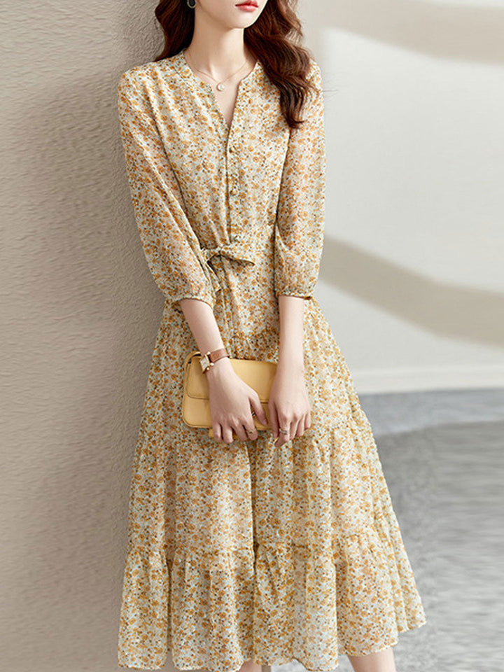 Alexis Vintage Ruffle Floral Chiffon Maxi Dress
