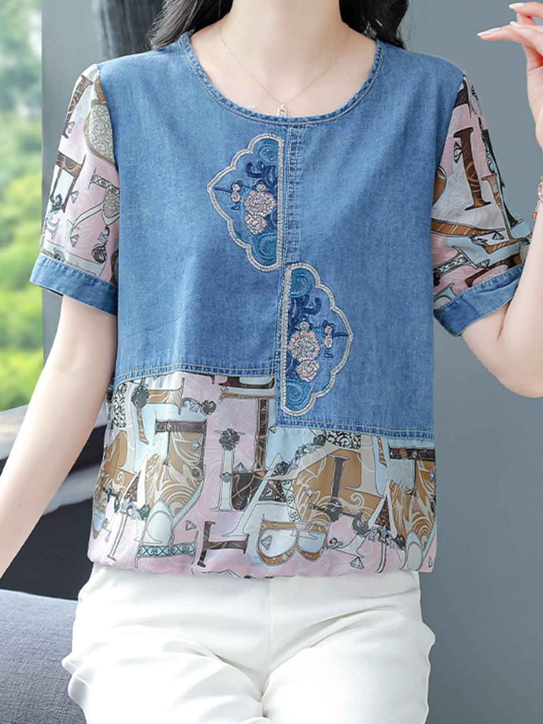 Olivia Loose Crew Neck Embroidered Denim Top