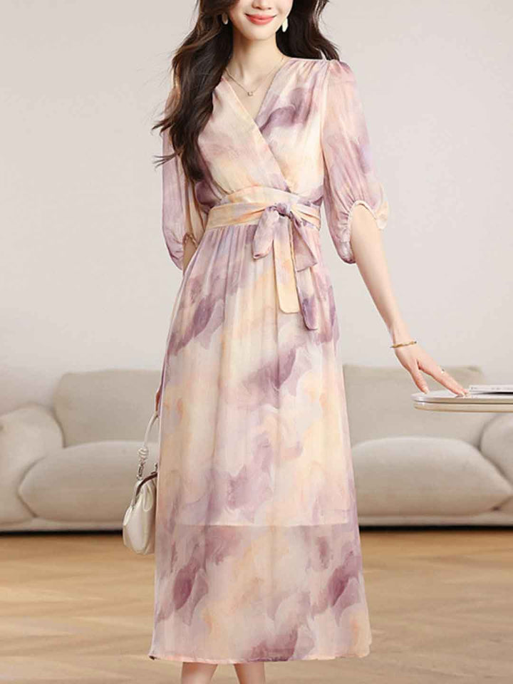 Natalie Vacation V-Neck Puff Sleeve Tie Printed Dress