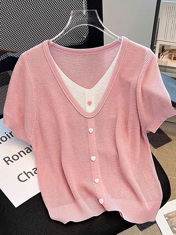 Angelina Casual V-neck Patchwork Knitted Top