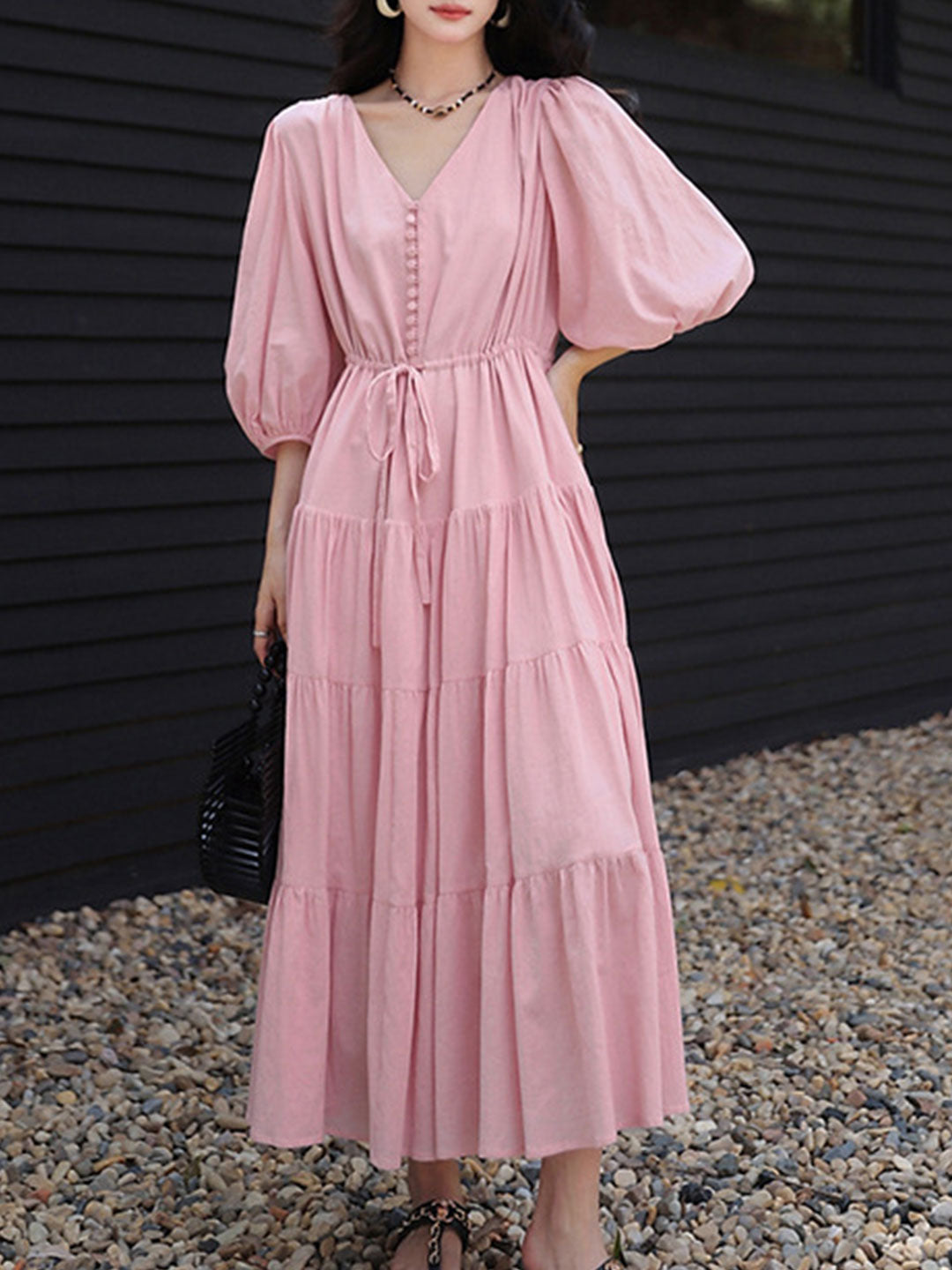 Olivia Retro V-neck Solid Color Dress