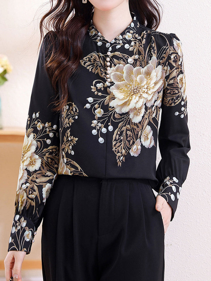 Kaylee Loose V-Neck Puff Sleeve Printed Chiffon Blouse