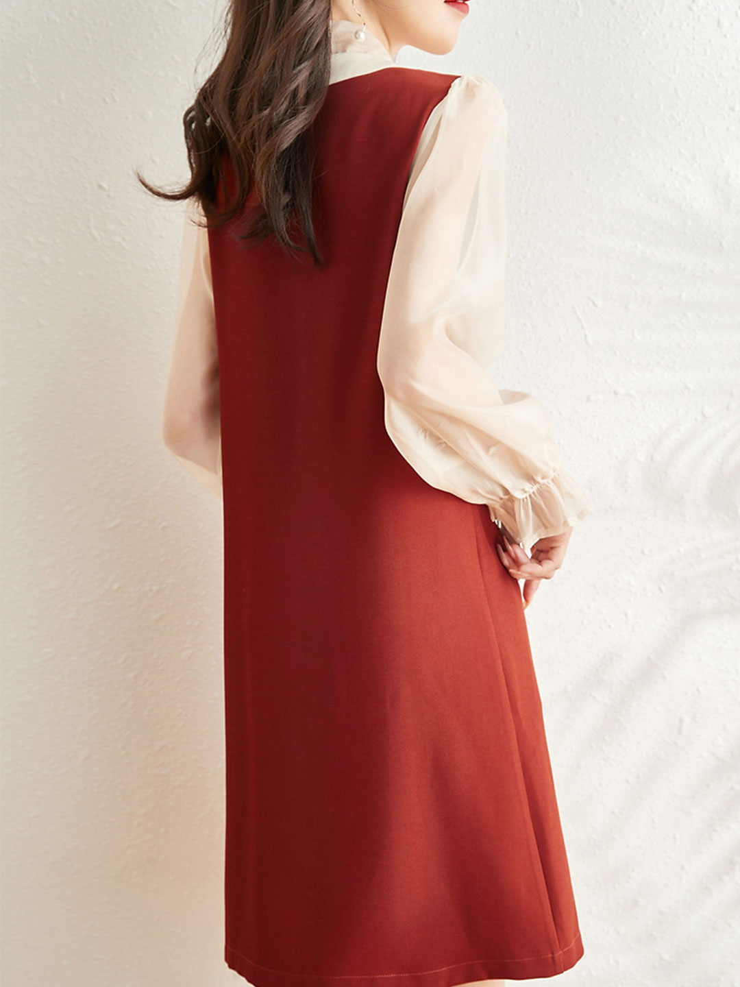 Lauren Elegant Paneled Puff Sleeve Pearl Button Dress