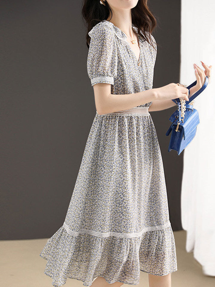 Jessica Retro V-neck Floral Puff Sleeve Dress