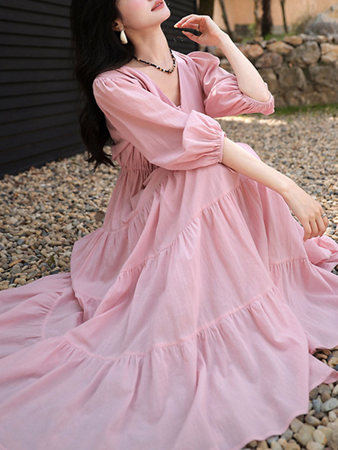 Olivia Retro V-neck Solid Color Dress