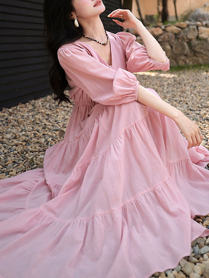 Olivia Retro V-neck Solid Color Dress