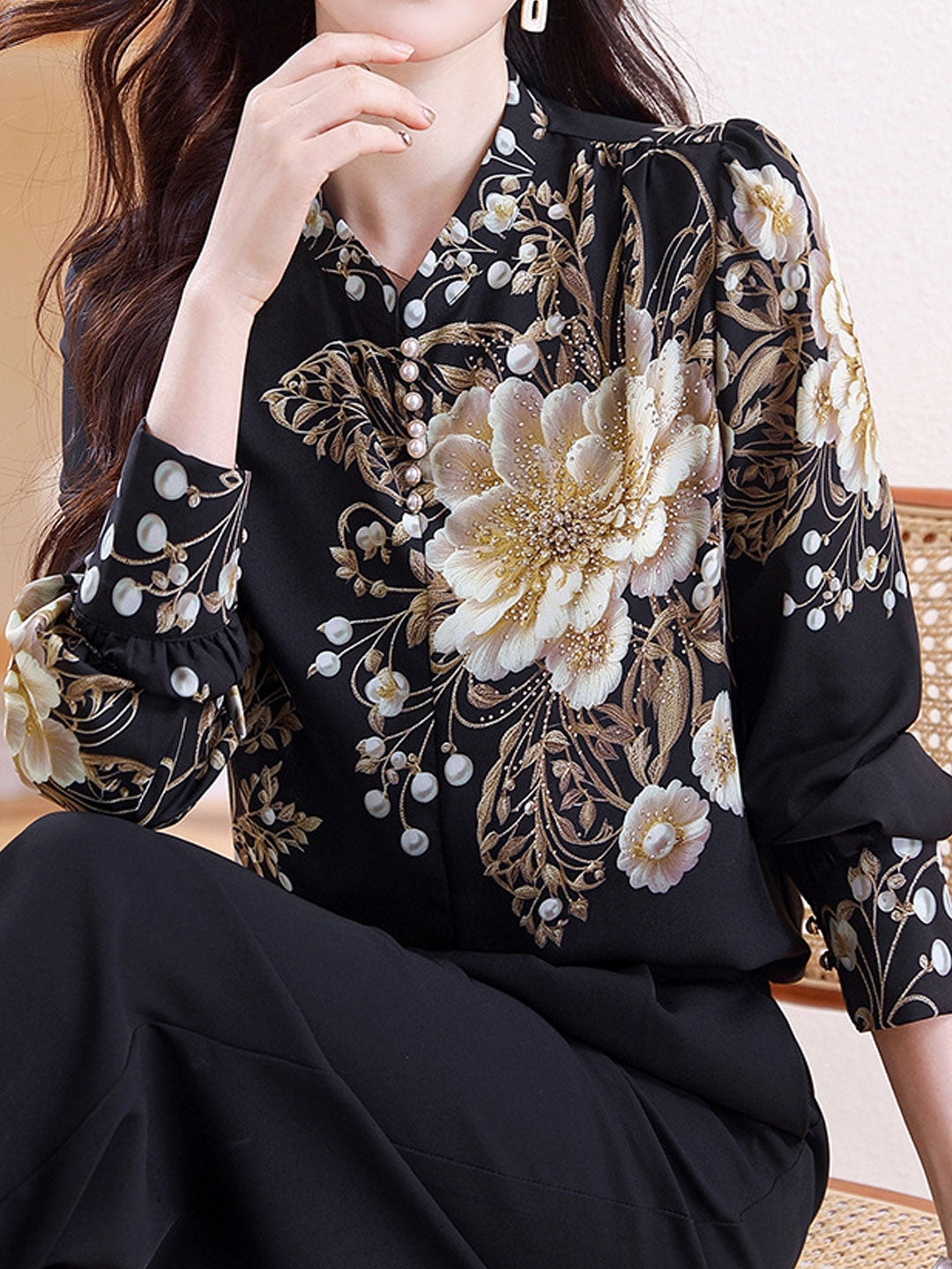 Kaylee Loose V-Neck Puff Sleeve Printed Chiffon Blouse