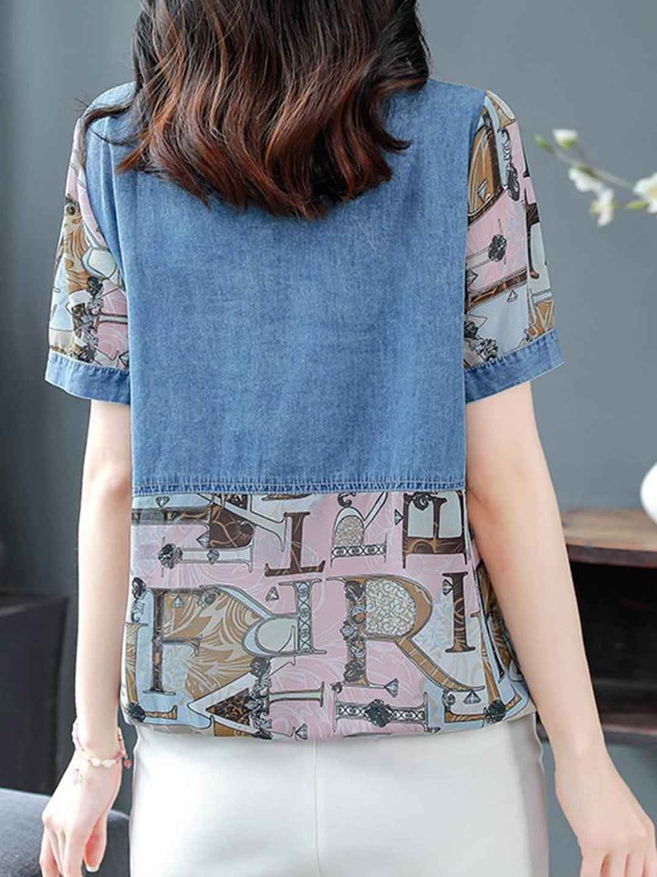 Olivia Loose Crew Neck Embroidered Denim Top