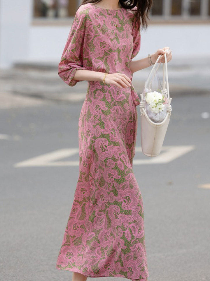 Mya Elegant Crew Neck Printed Tie Dress