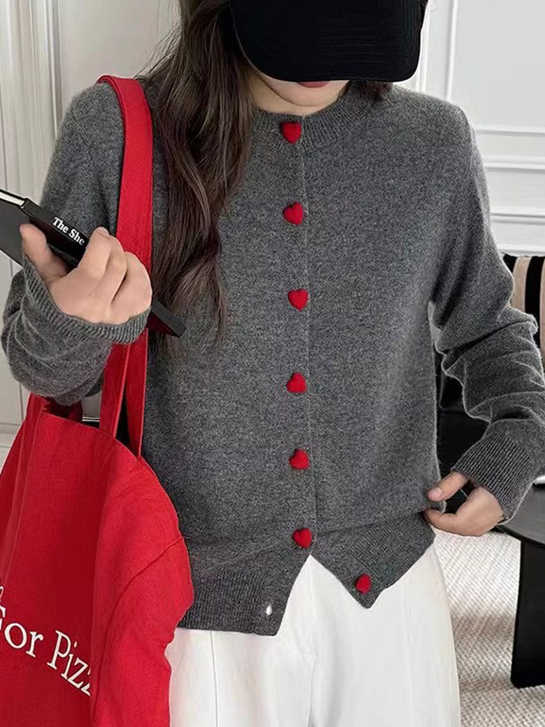 Raya Elegant Crew Neck Heart Button Knitted Cardigan-Pink