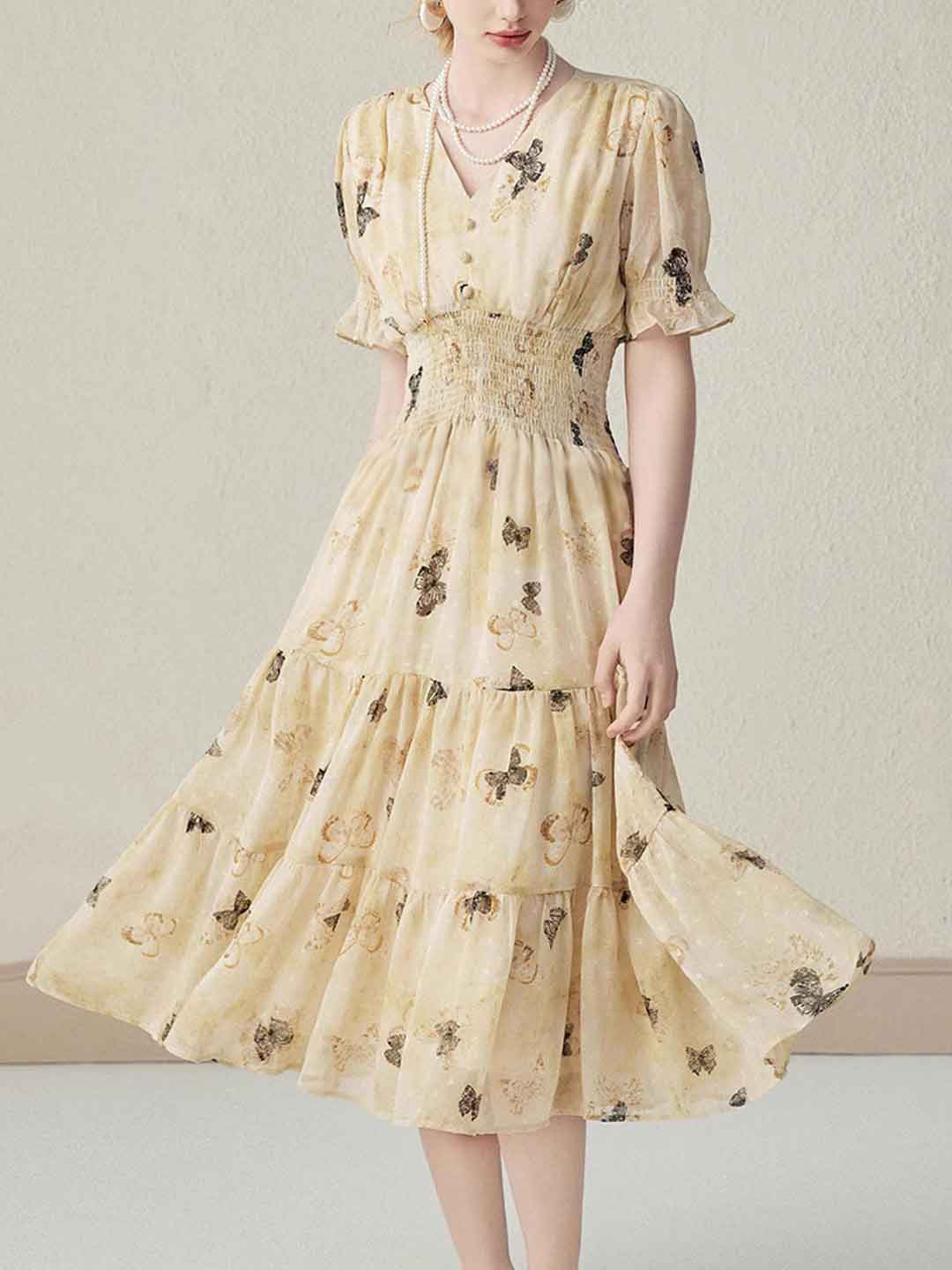 Mia Sweet V-Neck Puff Sleeve Chiffon Floral Dress