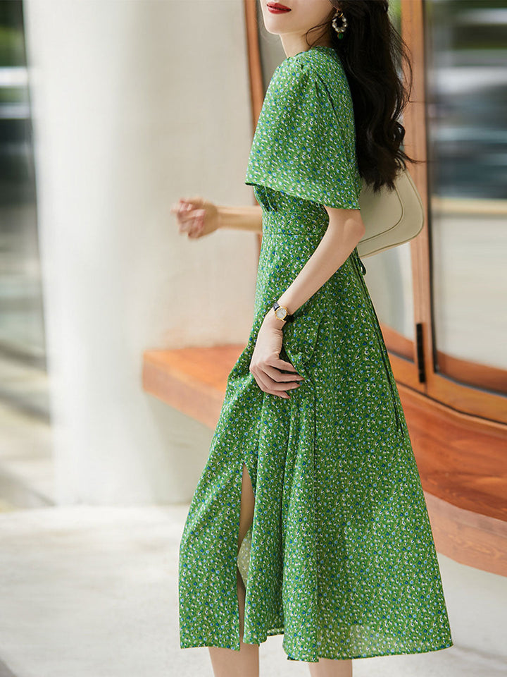 Grace Retro V-neck Floral Panel Tie Dress