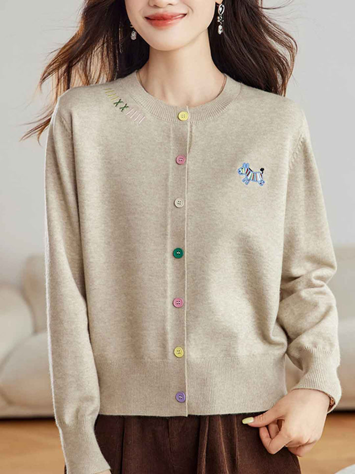 Camila Loose Embroidered Colorful Buttons Knitted Cardigan