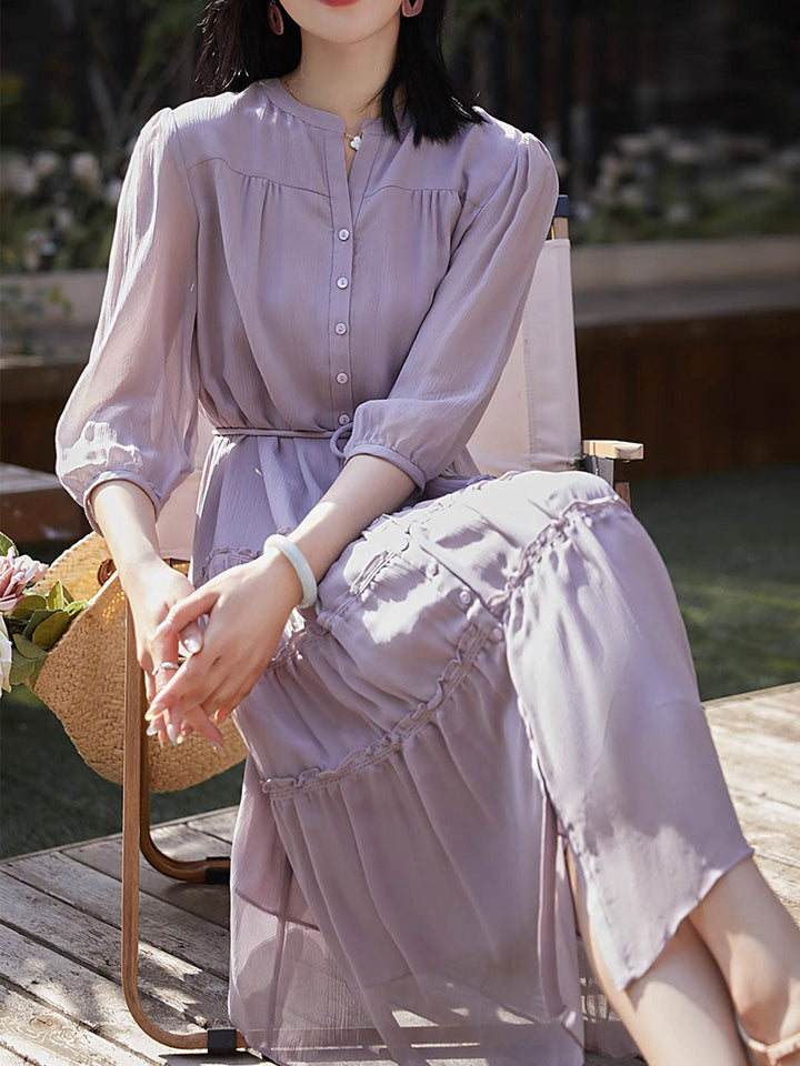 Sophie Elegant Pleated Tie Dress-Purple
