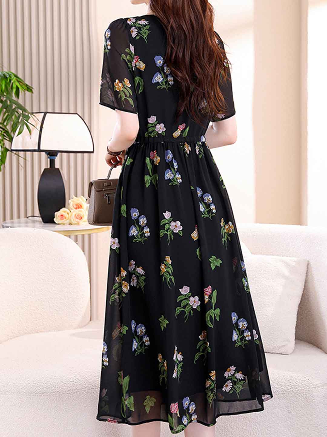 Riley Classic U-Neck Printed Chiffon Dress