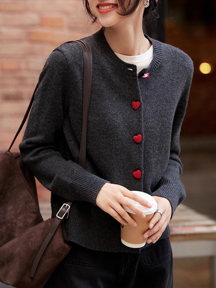 Raya Elegant Crew Neck Heart Button Knitted Cardigan-Pink
