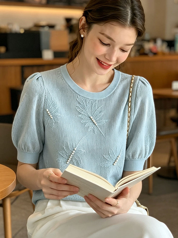Brianna Casual Puff Sleeve Jacquard Beaded Knitted Top