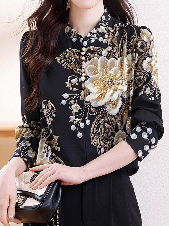 Kaylee Loose V-Neck Puff Sleeve Printed Chiffon Blouse