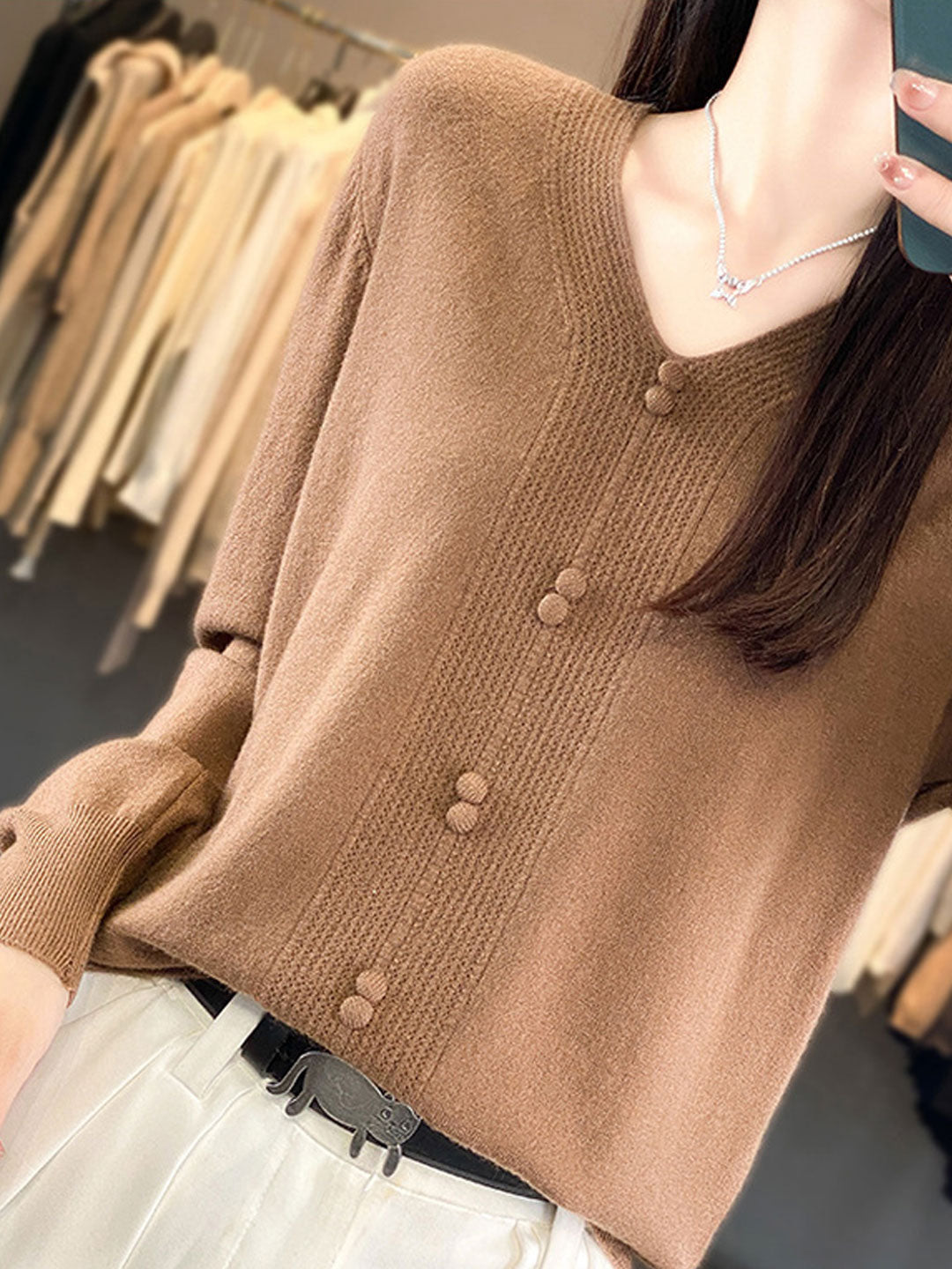 Abigail Casual V-neck Loose Knitted Sweater-Pink