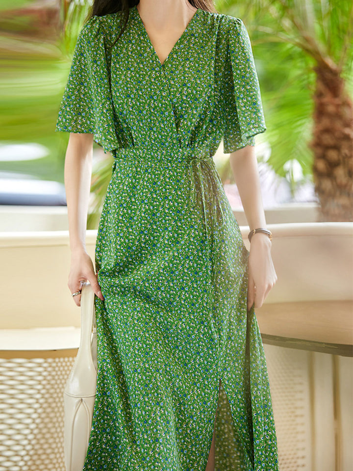 Grace Retro V-neck Floral Panel Tie Dress