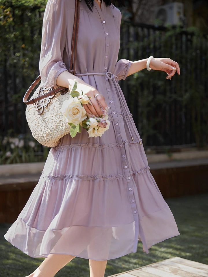 Sophie Elegant Pleated Tie Dress-Purple