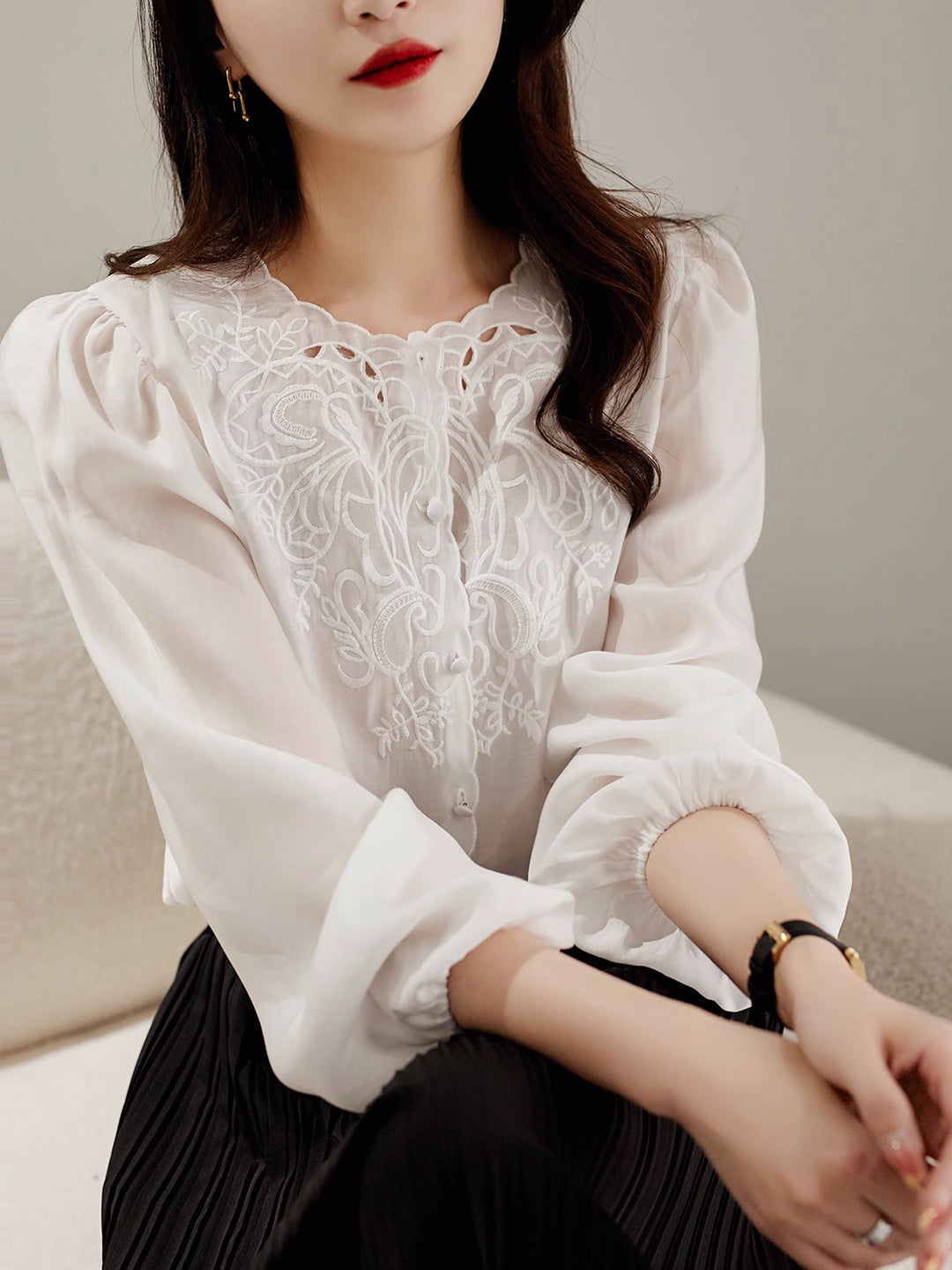 Jocelyn Elegant Embroidered Lantern Sleeve Shirt-Khaki