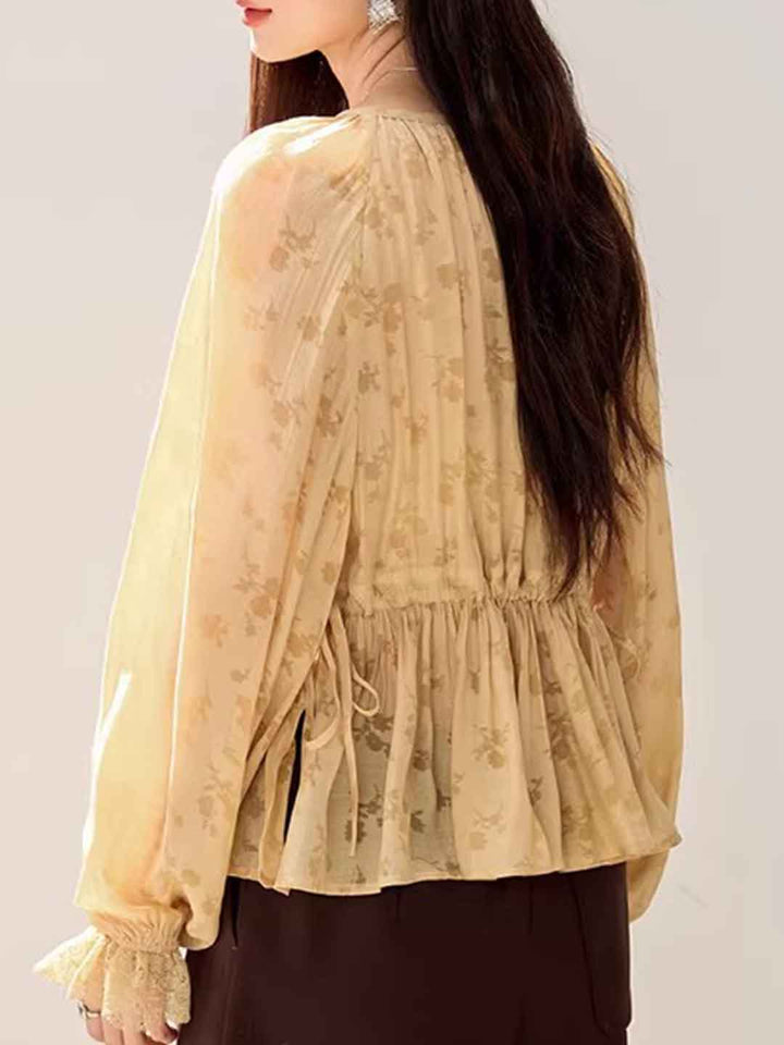 Olivia Loose V-Neck Lantern Sleeve Drawstring Lace Top
