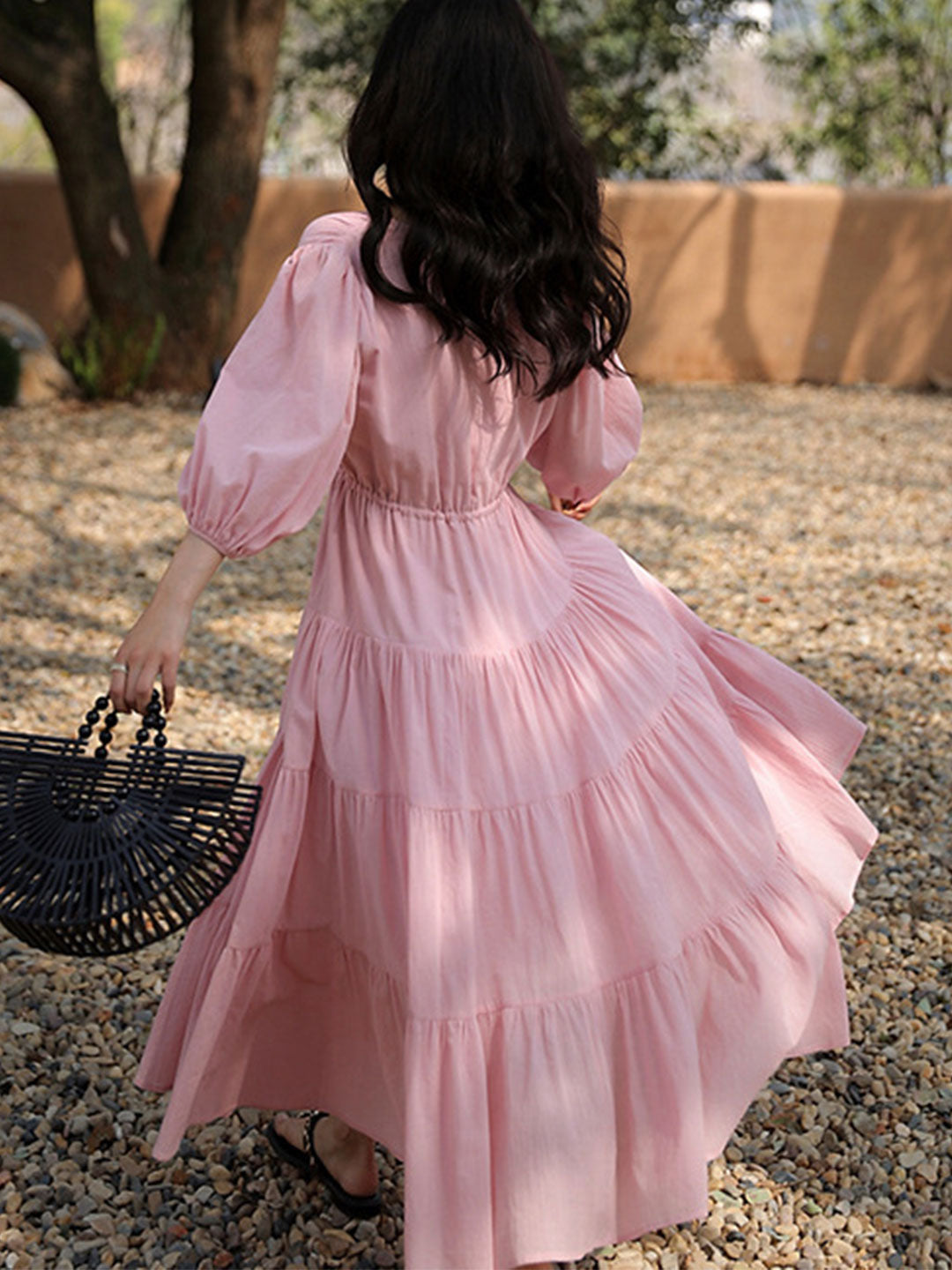 Olivia Retro V-neck Solid Color Dress