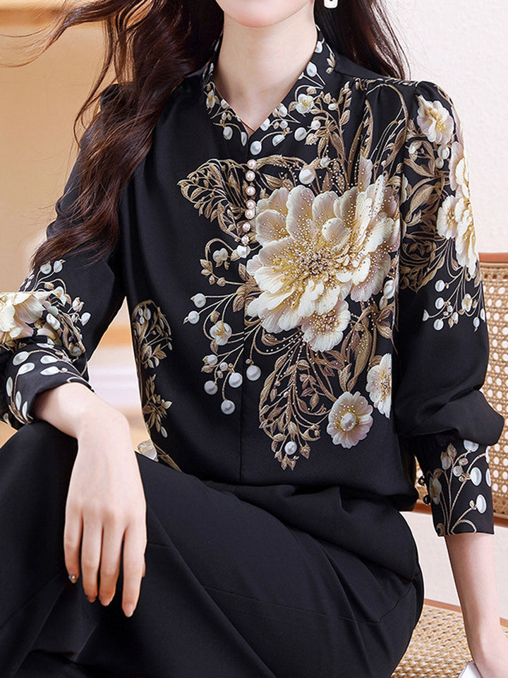 Kaylee Loose V-Neck Puff Sleeve Printed Chiffon Blouse