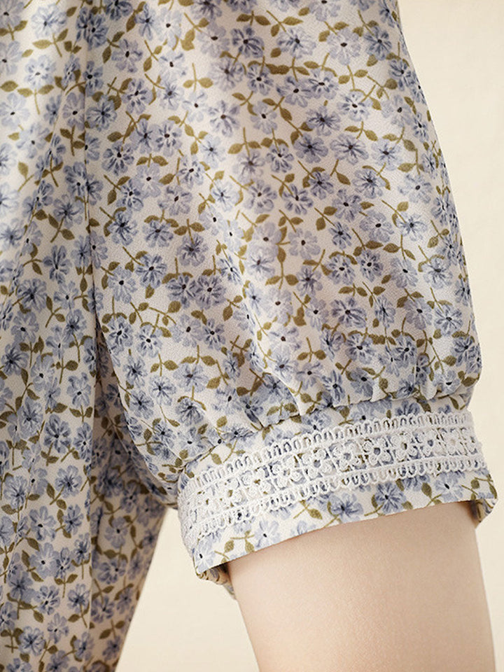 Jessica Retro V-neck Floral Puff Sleeve Dress