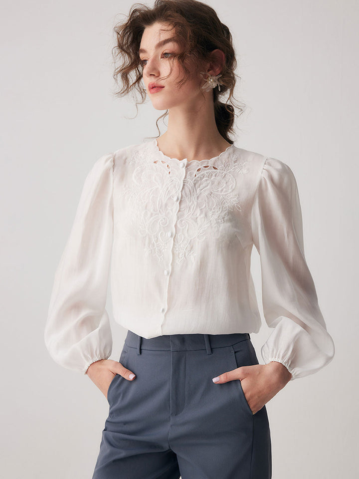 Jocelyn Elegant Embroidered Lantern Sleeve Shirt-Khaki