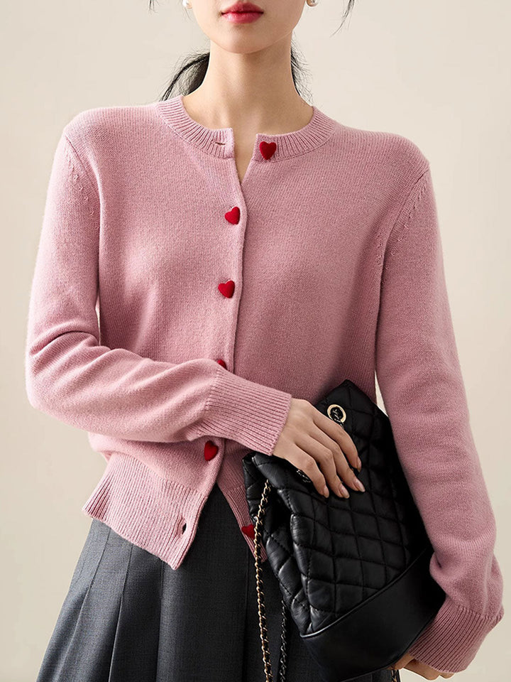 Raya Elegant Crew Neck Heart Button Knitted Cardigan-Pink