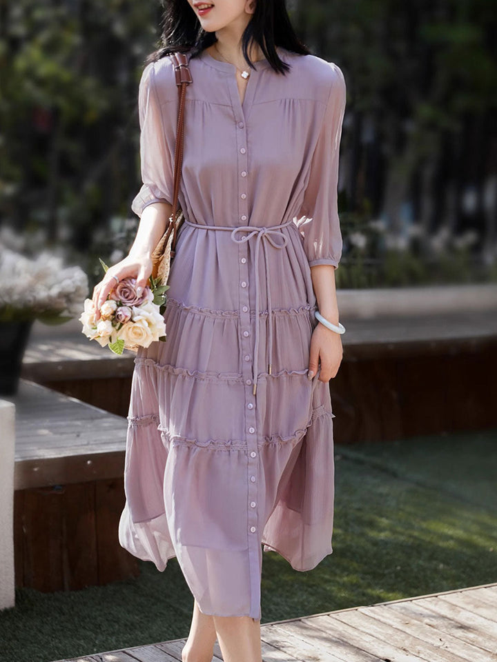 Sophie Elegant Pleated Tie Dress-Purple