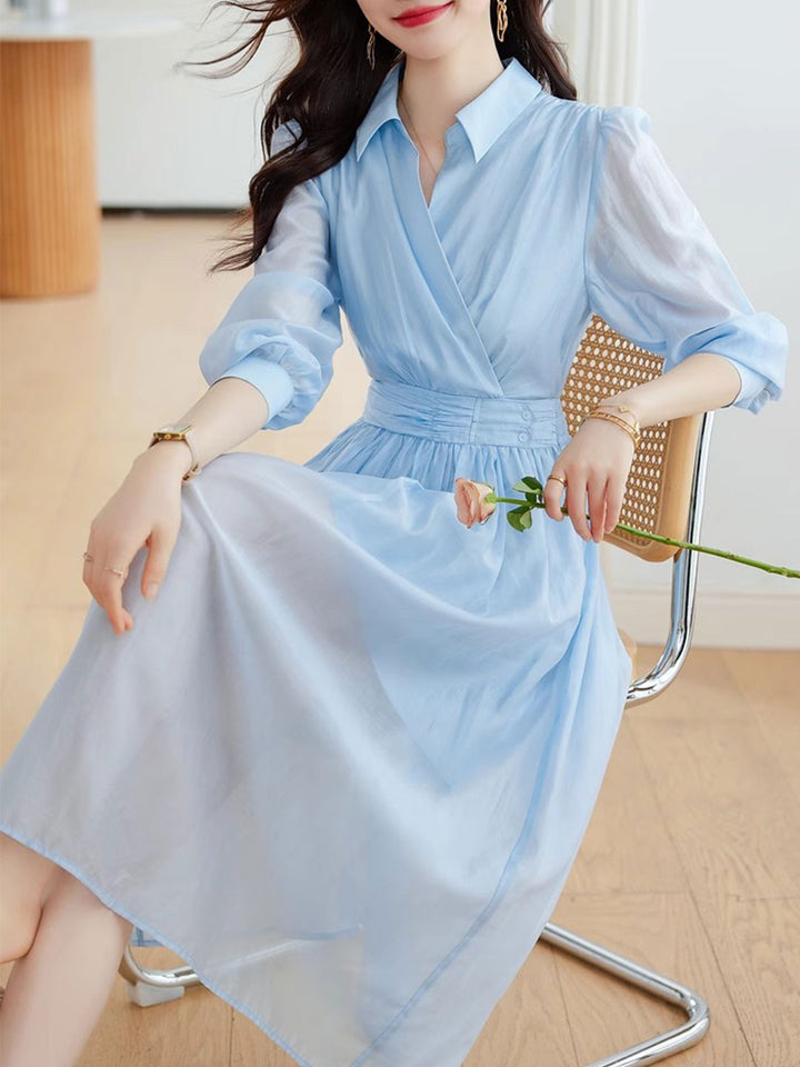 Kayla Retro Puff Sleeve Chiffon Dress-Blue